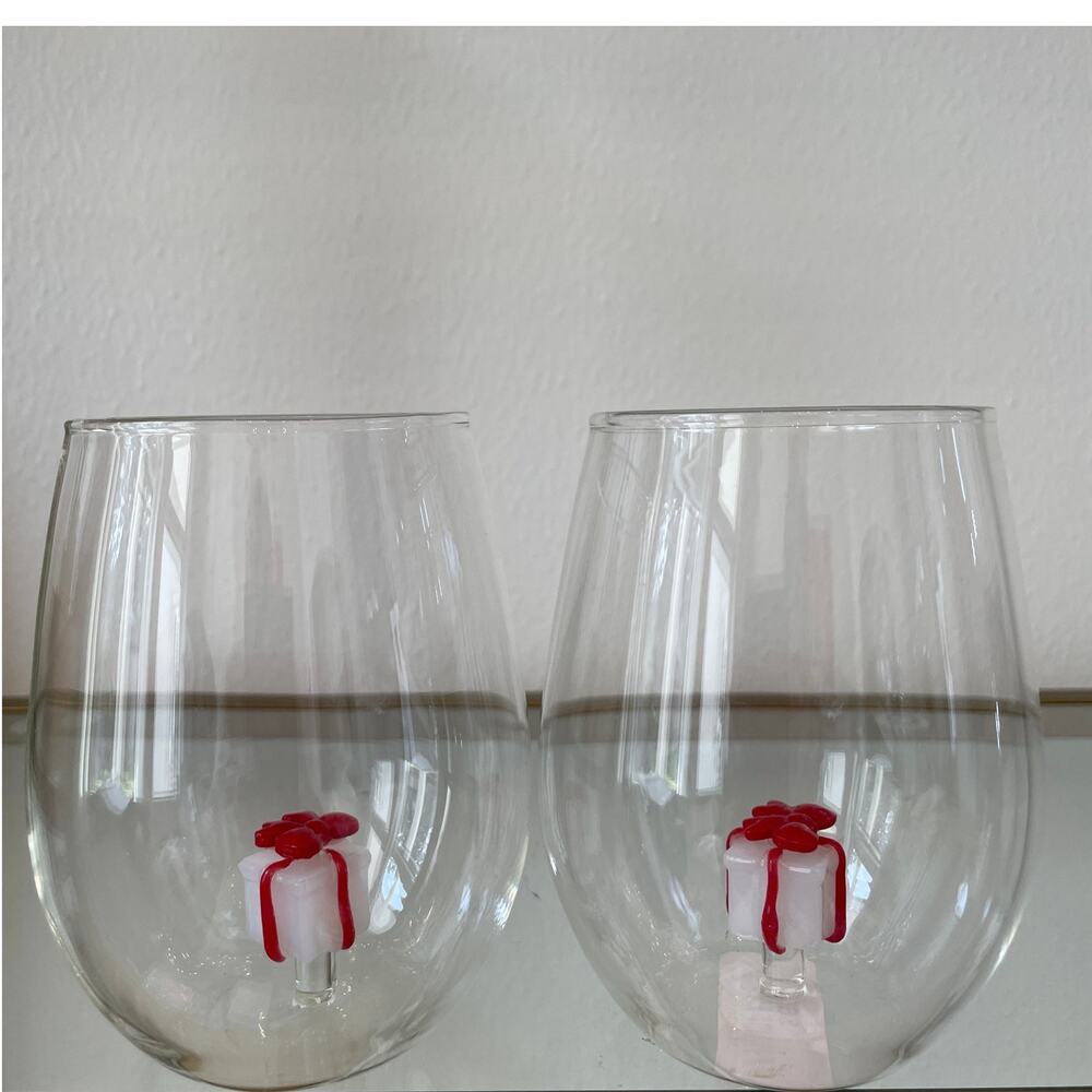Set of 2 Holiday Stemless Wine Glasses with Red & White Gift Box Inside NEW